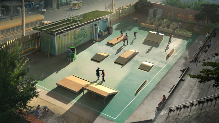 Rendering of a pop-up skateboard park with kids playing, a school container and garden facilities in the background